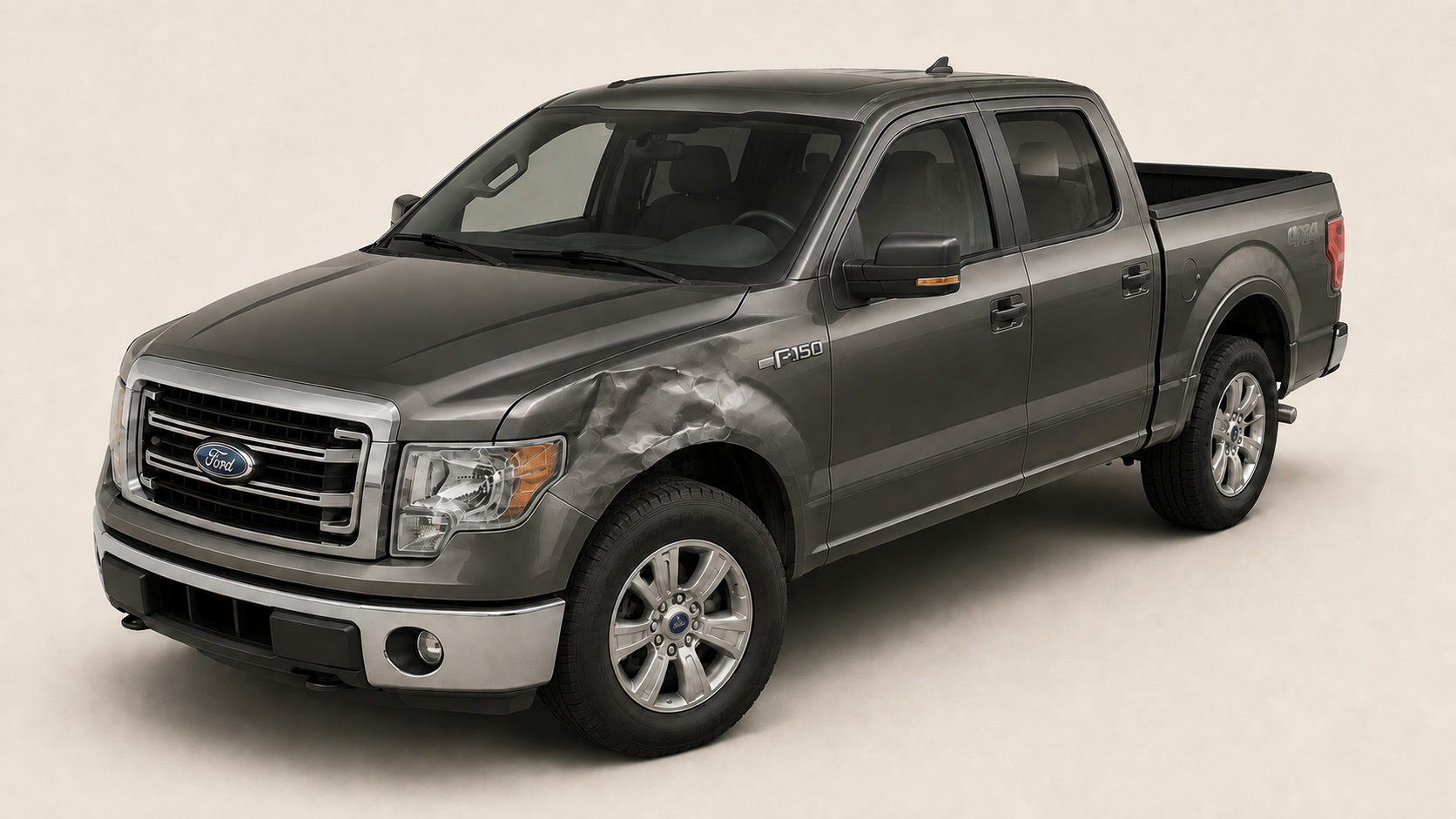 Unassessed dark gray Ford F-150 with visible fender and headlamp damage and no assessment annotations.