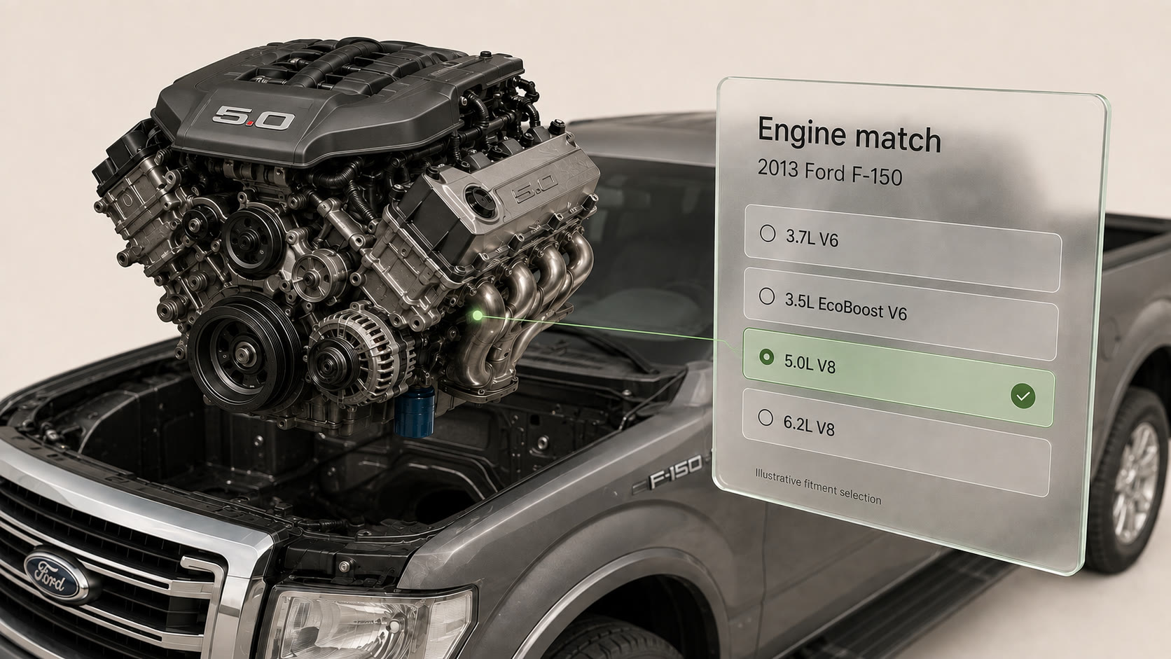 Engine beside a glass selector with one of four configurations highlighted.