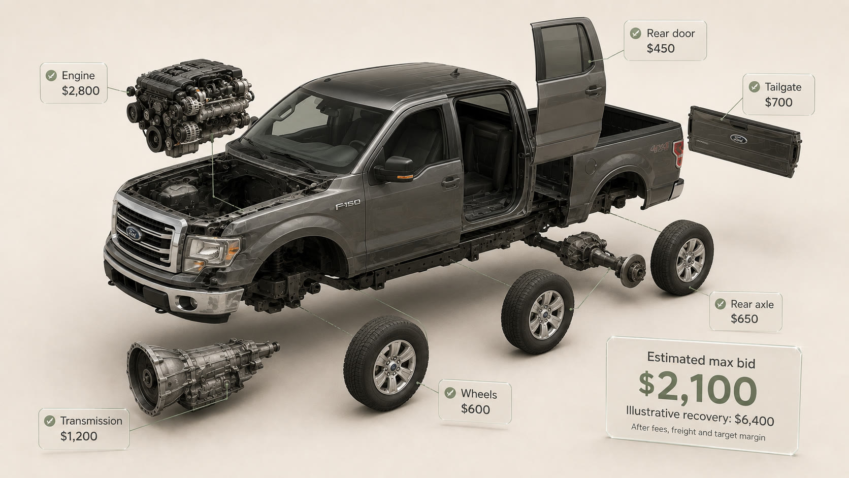Parts lifting off an F-150 with illustrative recovery values and a maximum bid.