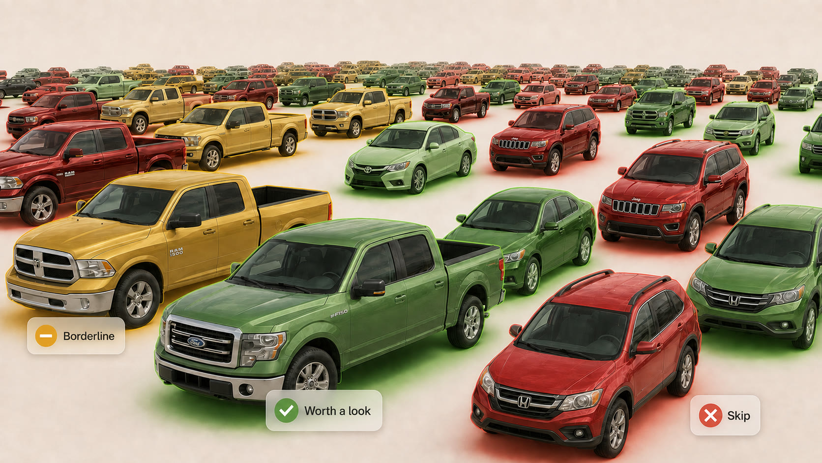 Vehicles highlighted green for Worth a look, yellow for Borderline and red for Skip.