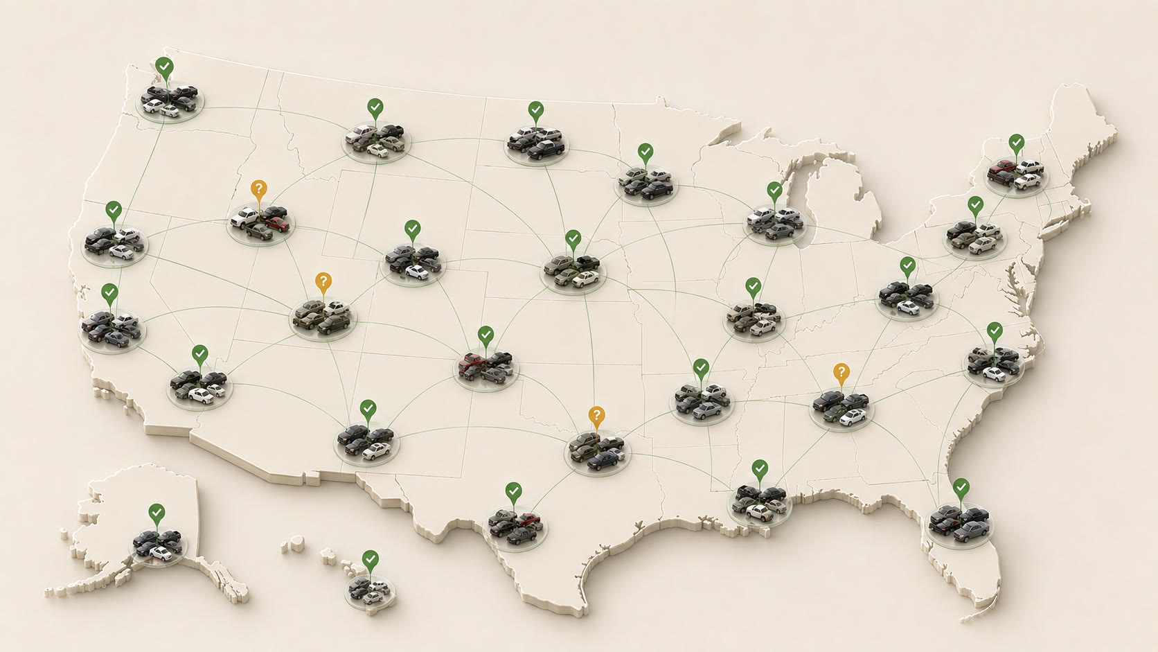 United States-only map showing illustrative groups of assessed auction vehicles.